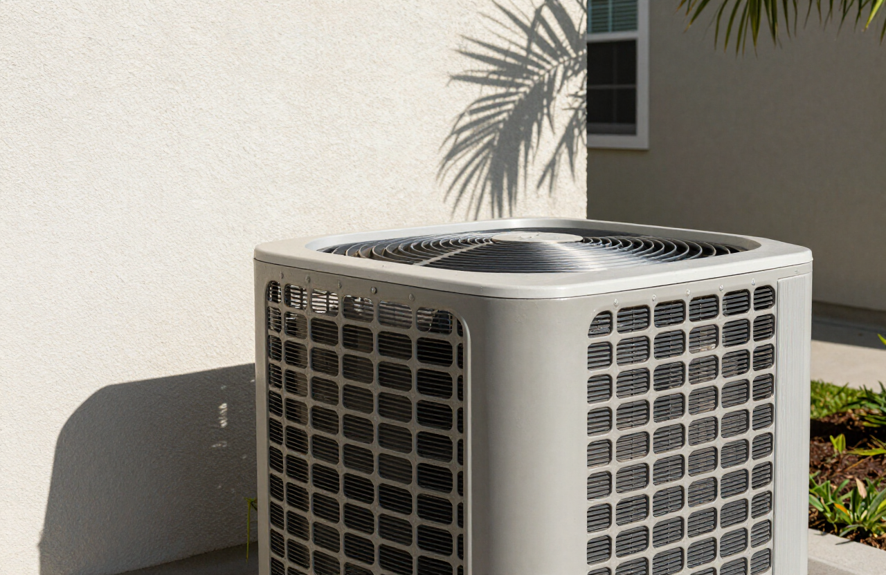 Close-up of a residential outdoor air conditioning condenser unit beside a Florida stucco home wall, palm frond shadow, well-maintained HVAC equipment
