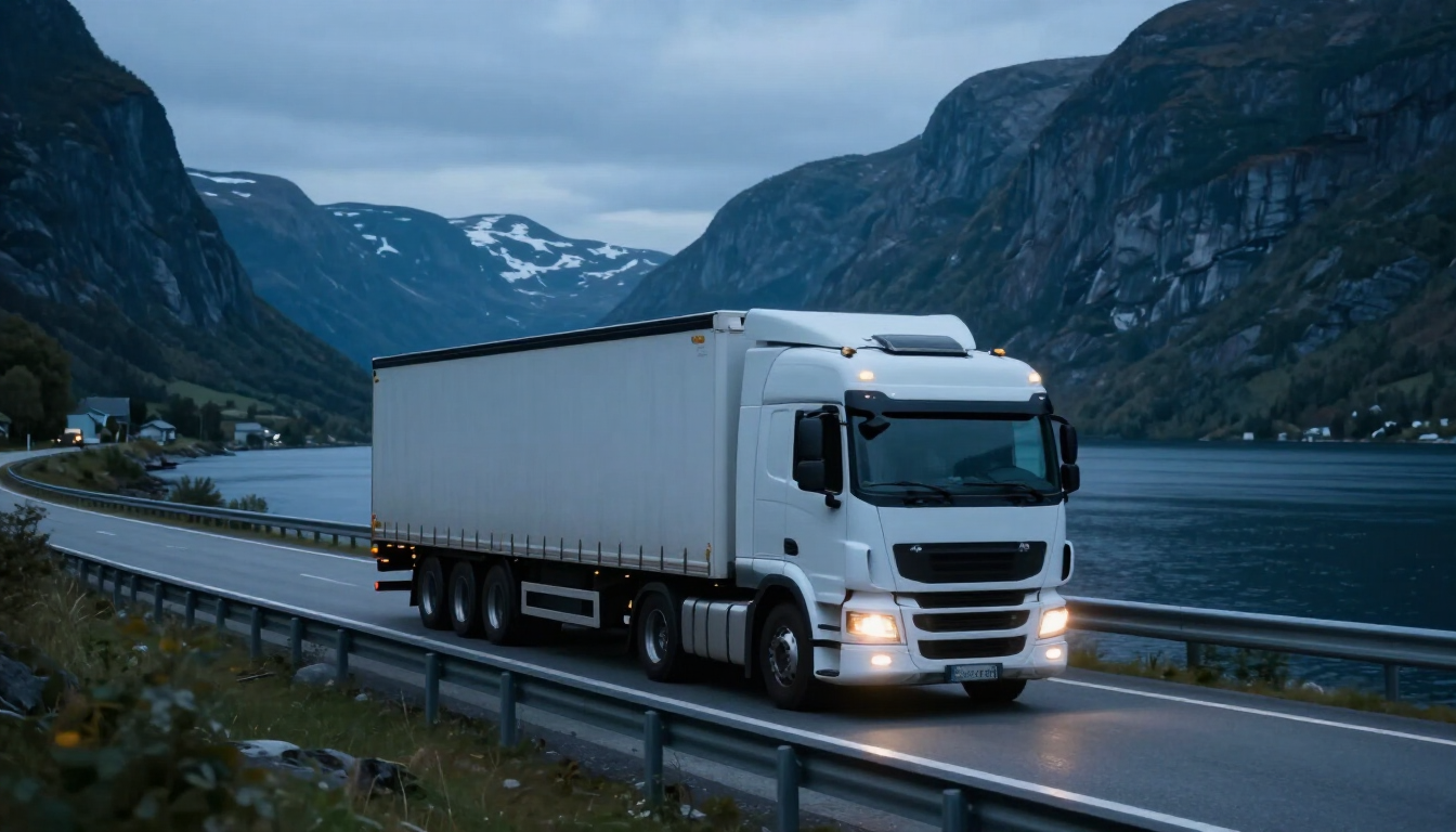 Lorry on a Norwegian coastal road along a fjord at dusk