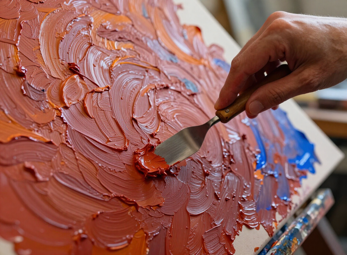 An artist's paint-stained hands dragging a palette knife through thick oil paint
