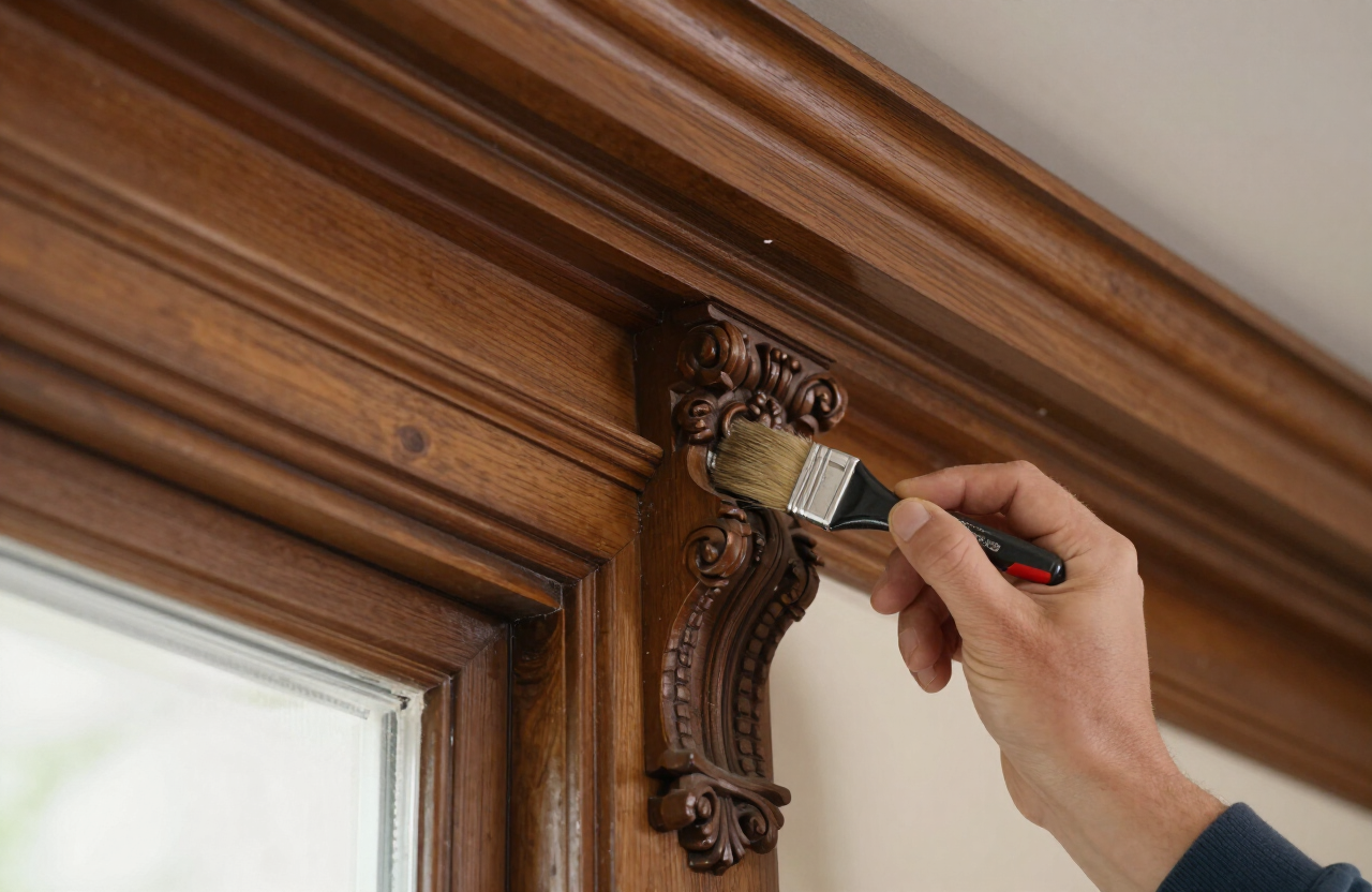 Hand-applied trim painting detail work on ornate woodwork in a Leonia home