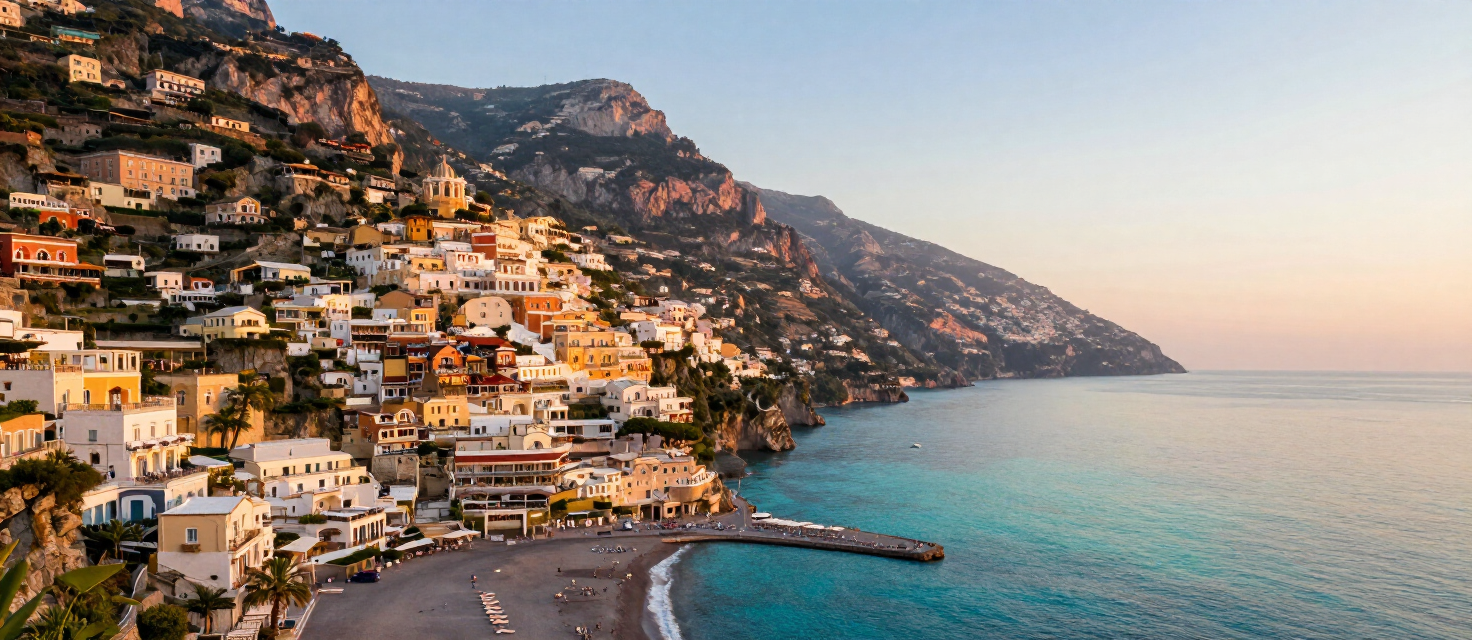 The Amalfi Coast at golden hour, pastel houses cascading to the sea