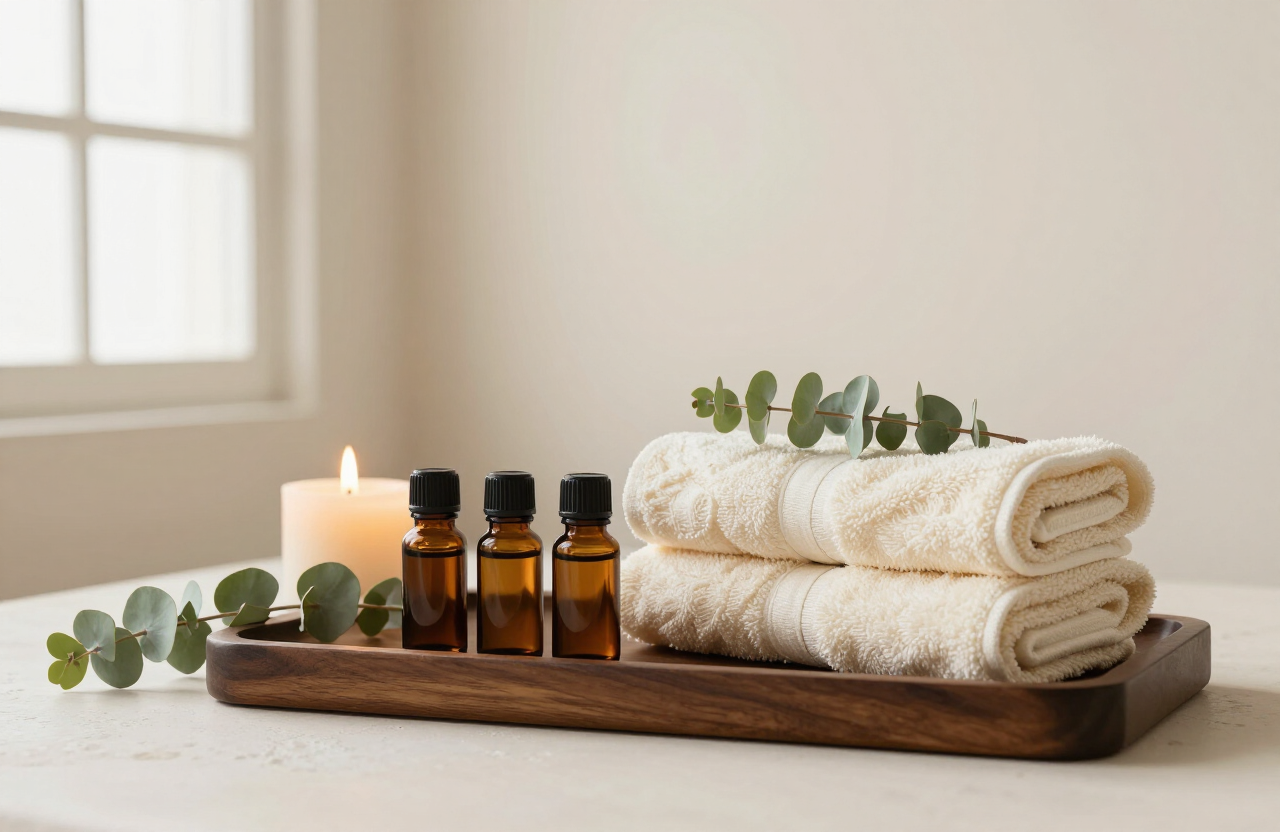 Amber essential oil bottles, a lit candle and stacked towels arranged for an aromatherapy massage at Almira Spa