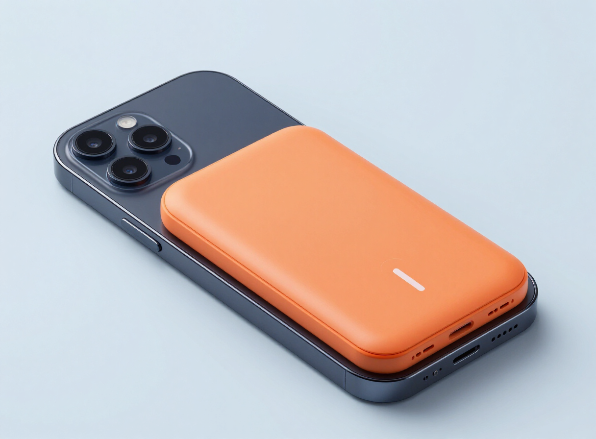 Powerbank magnético naranja adherido a un celular