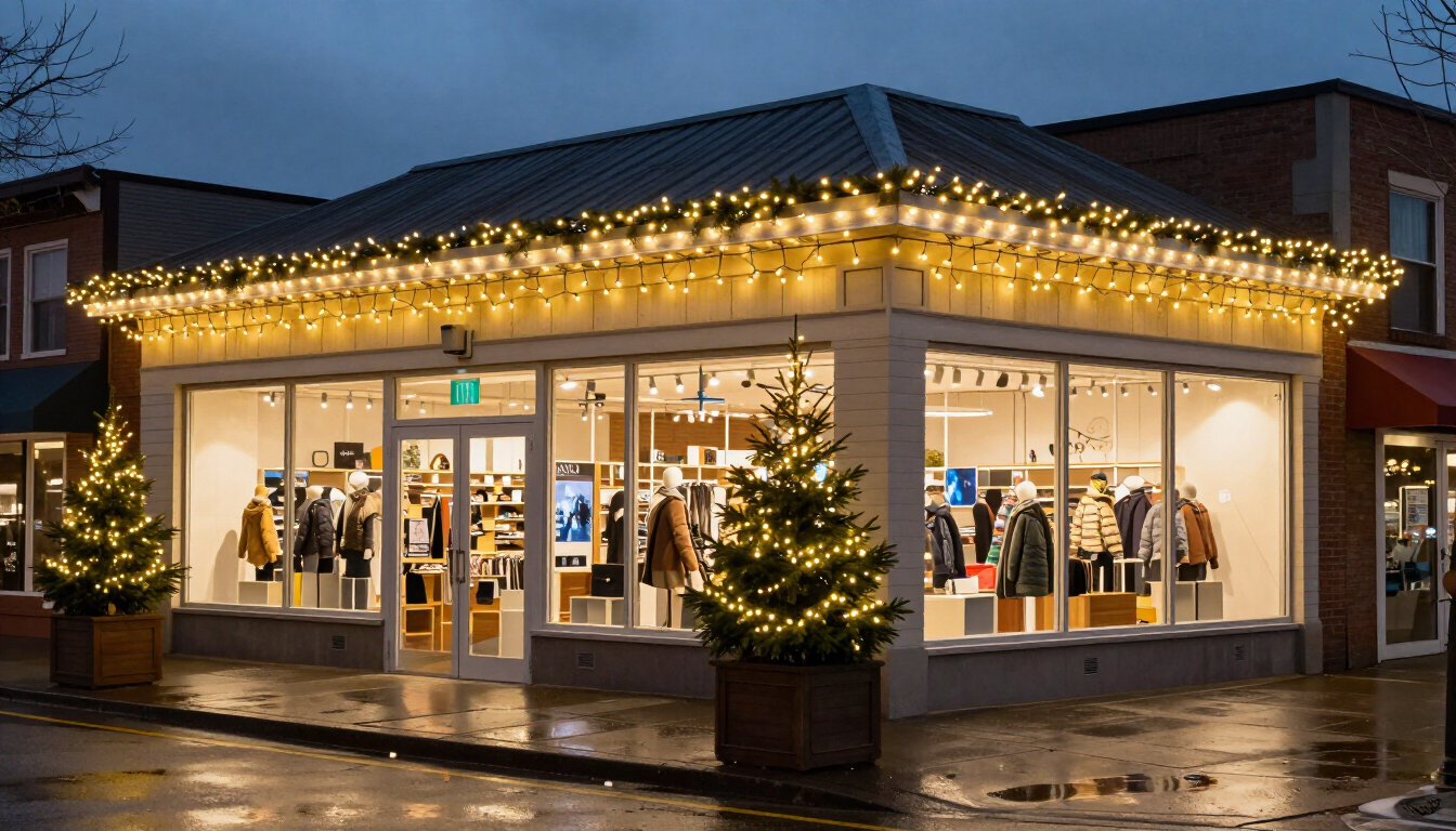 Business Christmas lights scheme in Surrey for a corporate storefront with personalized festive light presentation.