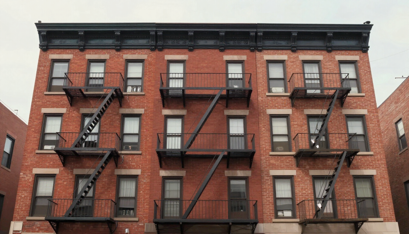 Illustrative multi-unit brick apartment building facade in Hoboken NJ