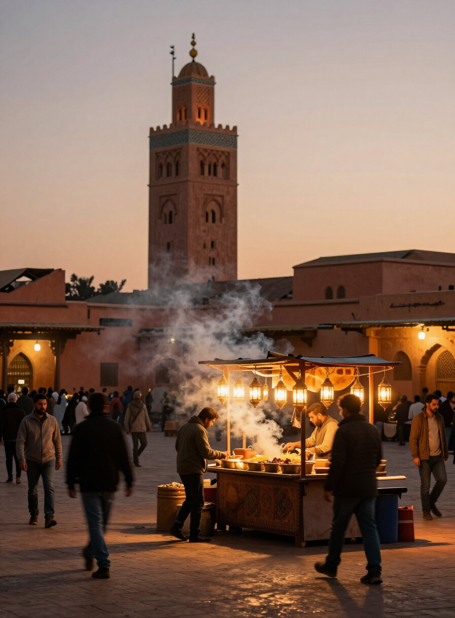 Jemaa el-Fnaa square in Marrakech at dusk, with food-stall smoke and the Koutoubia minaret in the distance
