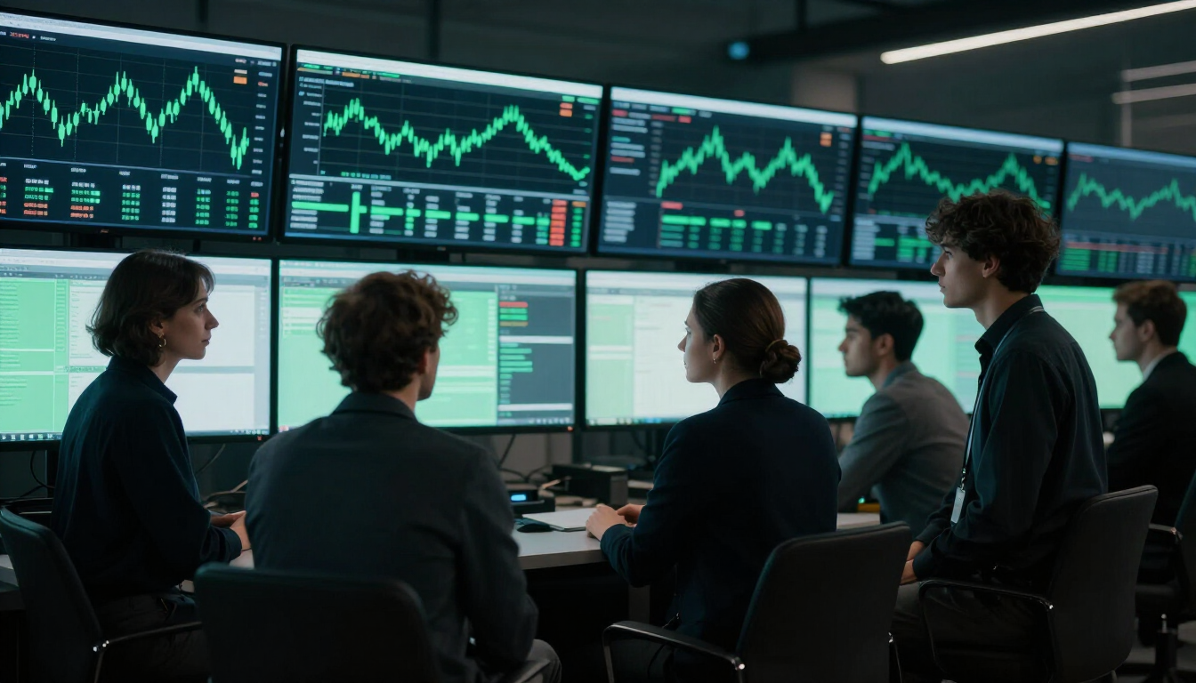 The MatrixTradeAI research team reviewing AI market models on a wall of trading monitors