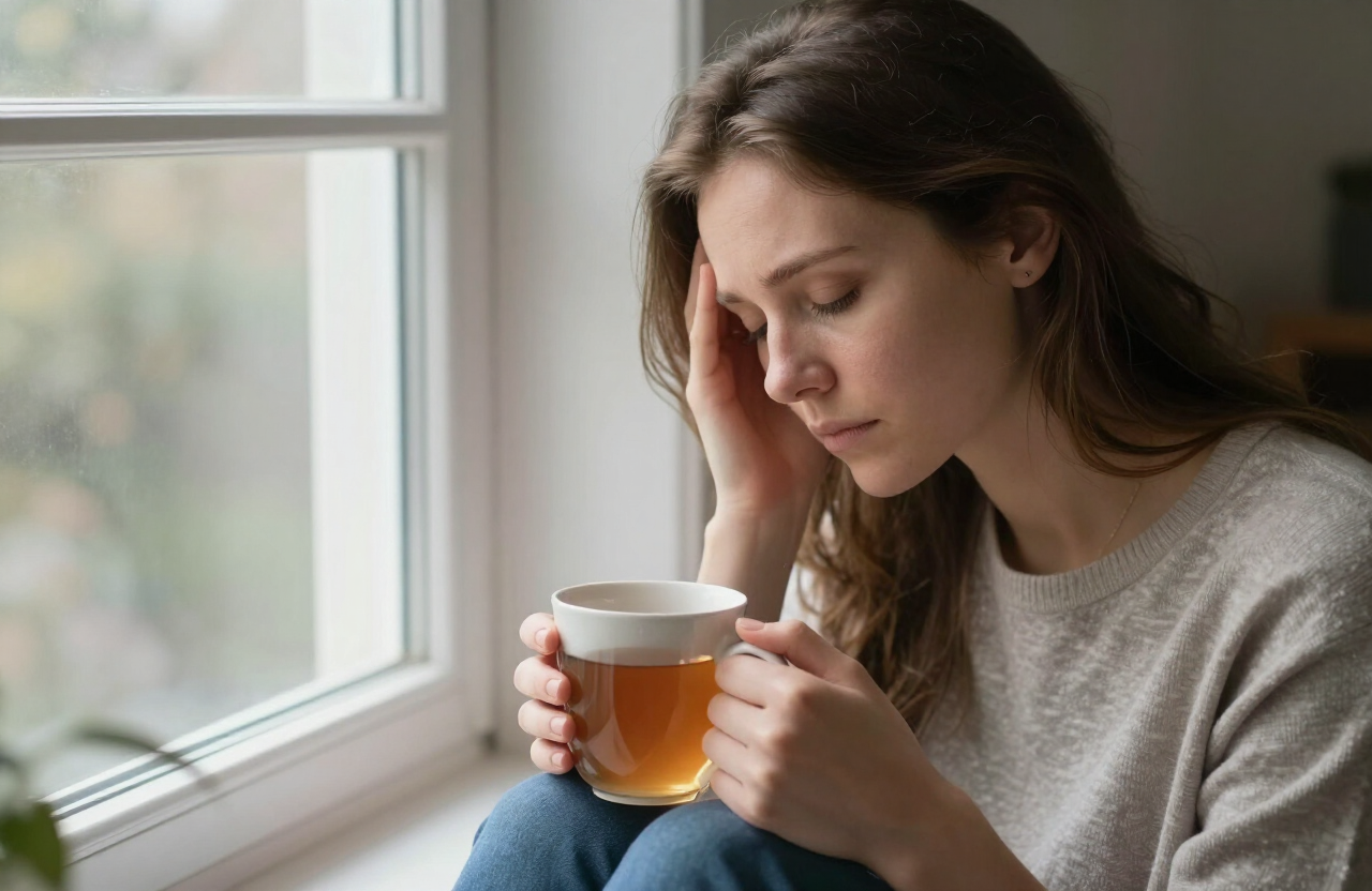 A caregiver taking a brief, quiet pause in a calm corner while the family settles nearby.