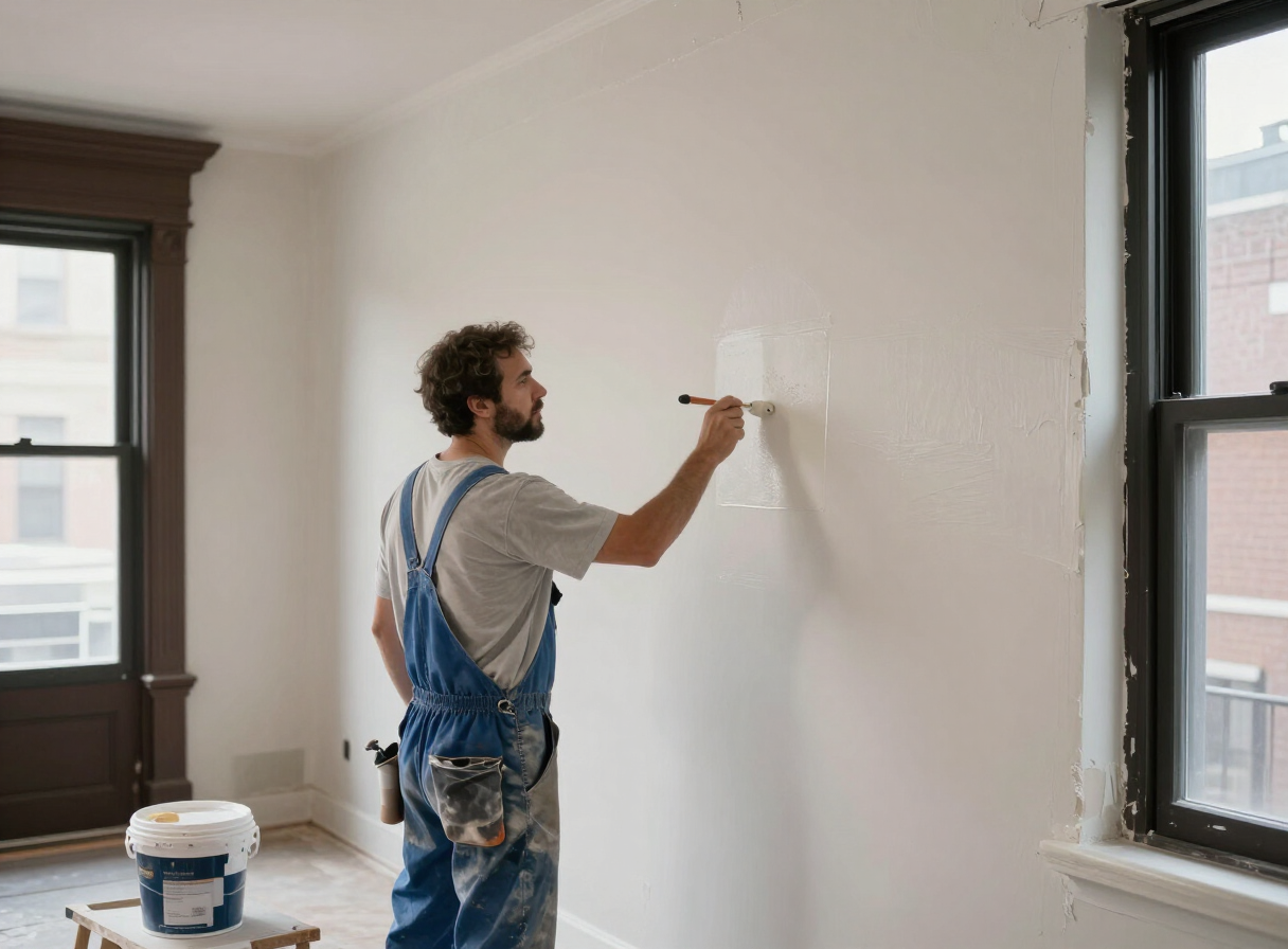 Skim coating in progress on a wall in an older Hoboken NJ brownstone