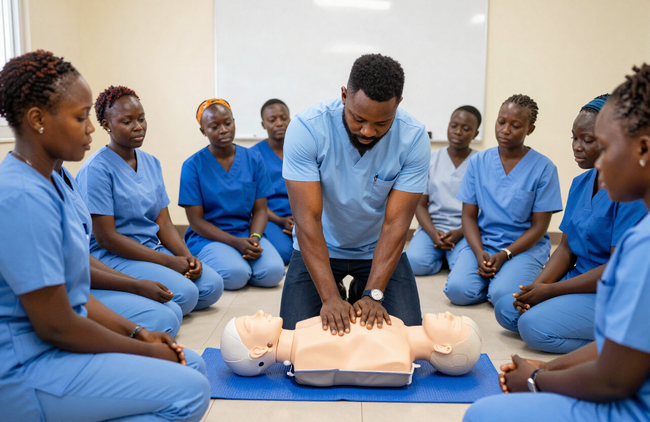 A healthcare instructor demonstrating CPR to trainee nurses during a training workshop