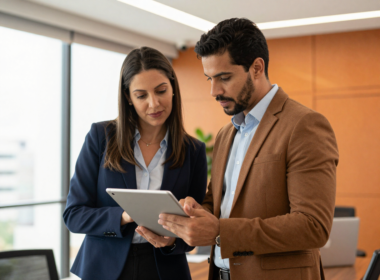 Equipe de imobiliária analisando imóveis juntos em um tablet