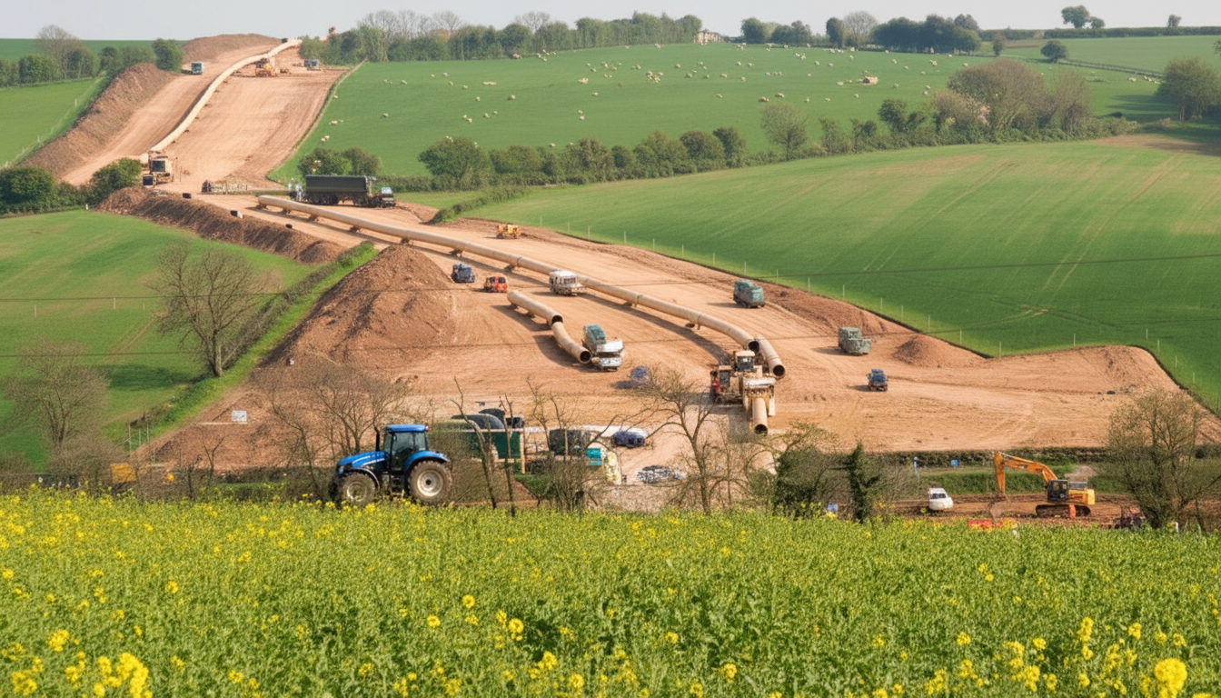 Blue tractor and yellow pipe sections strung along a dirt corridor through green fields