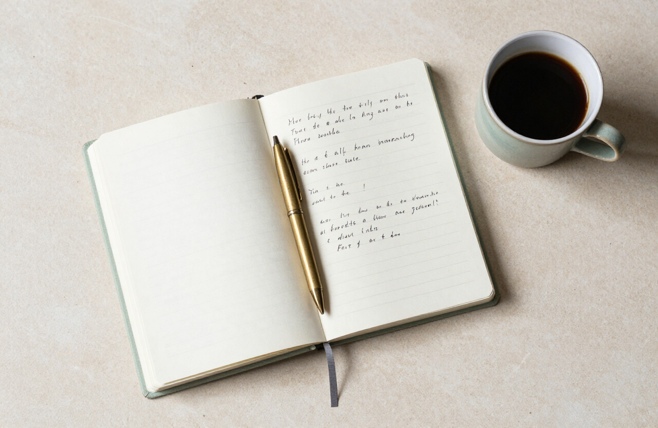 An open journal with handwritten notes and a cup of coffee