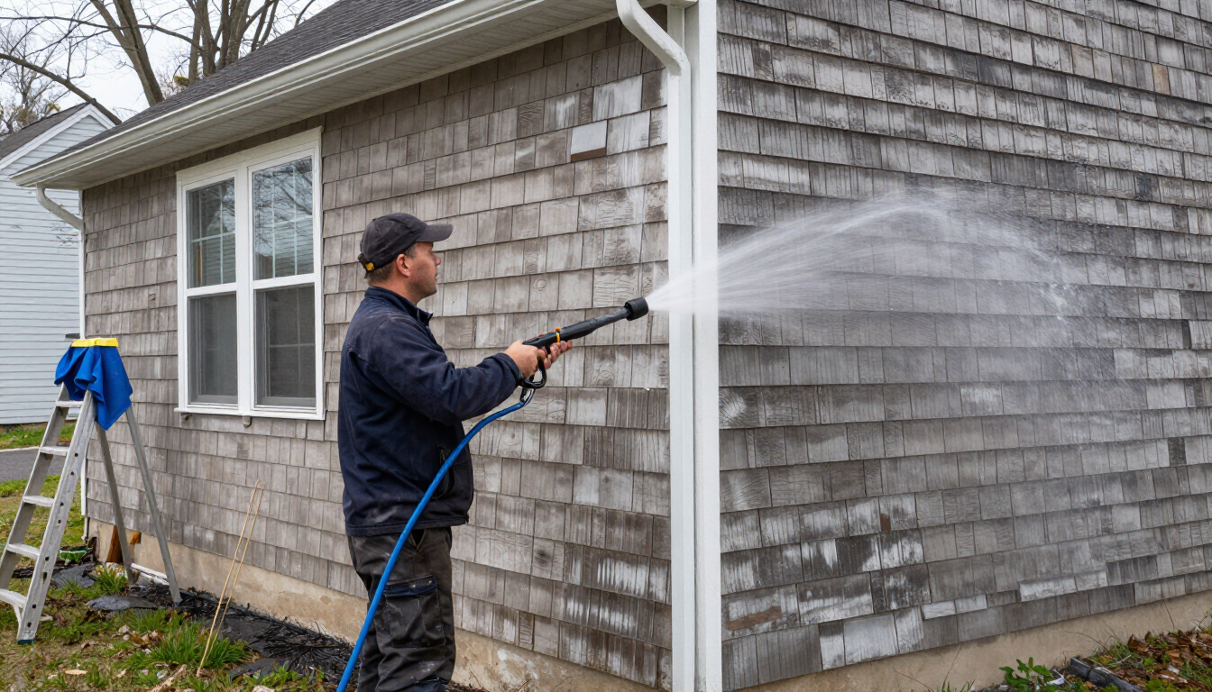 Power washing and surface prep on a Wood-Ridge NJ single-family home in early spring