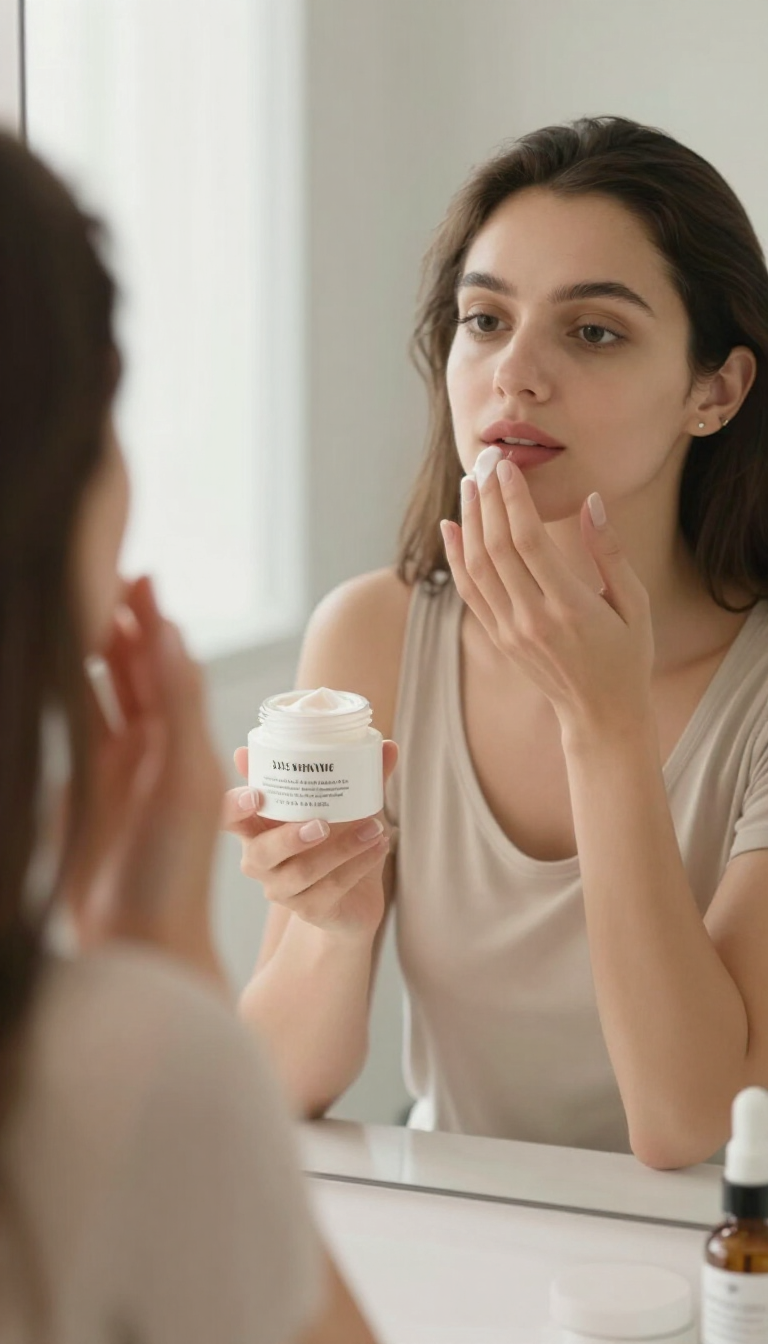 Woman demonstrating a skincare routine step with an unbranded cream jar
