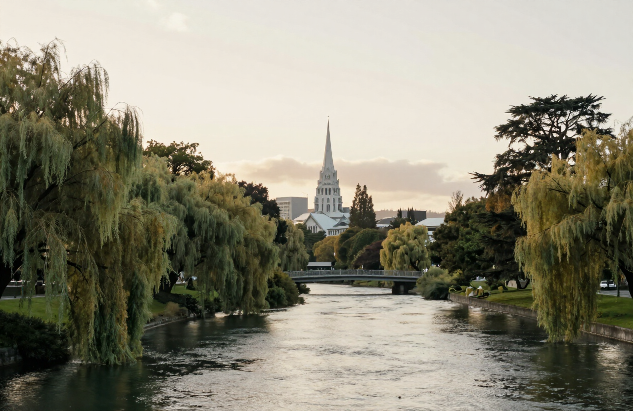 The Avon River and Christchurch city at dawn