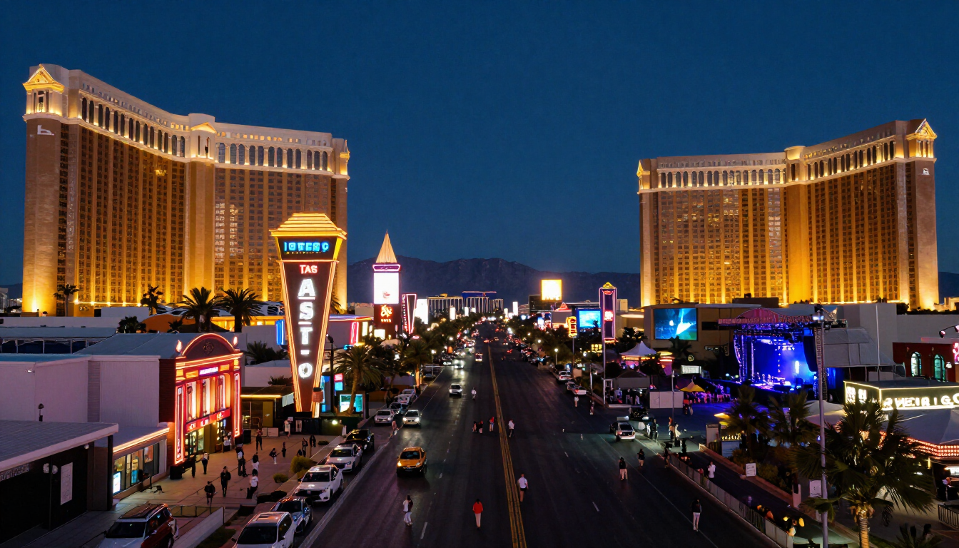 Panoramic view of the Las Vegas Strip at night with festival-goers walking between resorts and concert venues