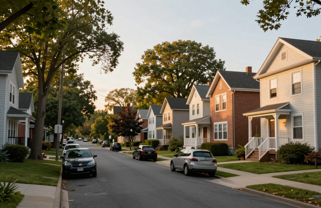 Illustrative image of a quiet Bergen County residential avenue with a mix of older established single-family homes and small multifamily properties — not a specific New Milford project
