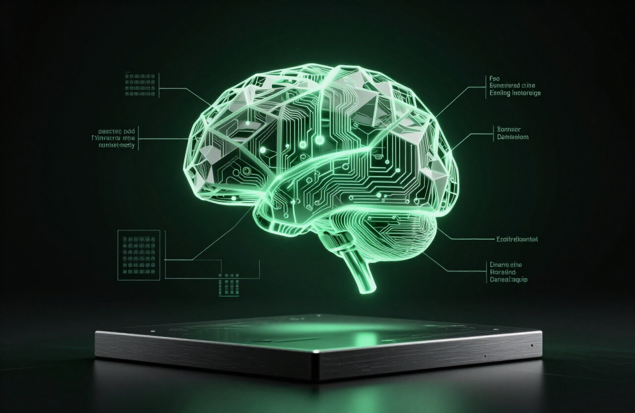 The MatrixTradeAI neural core — an abstract AI processor rendered in mint light lines
