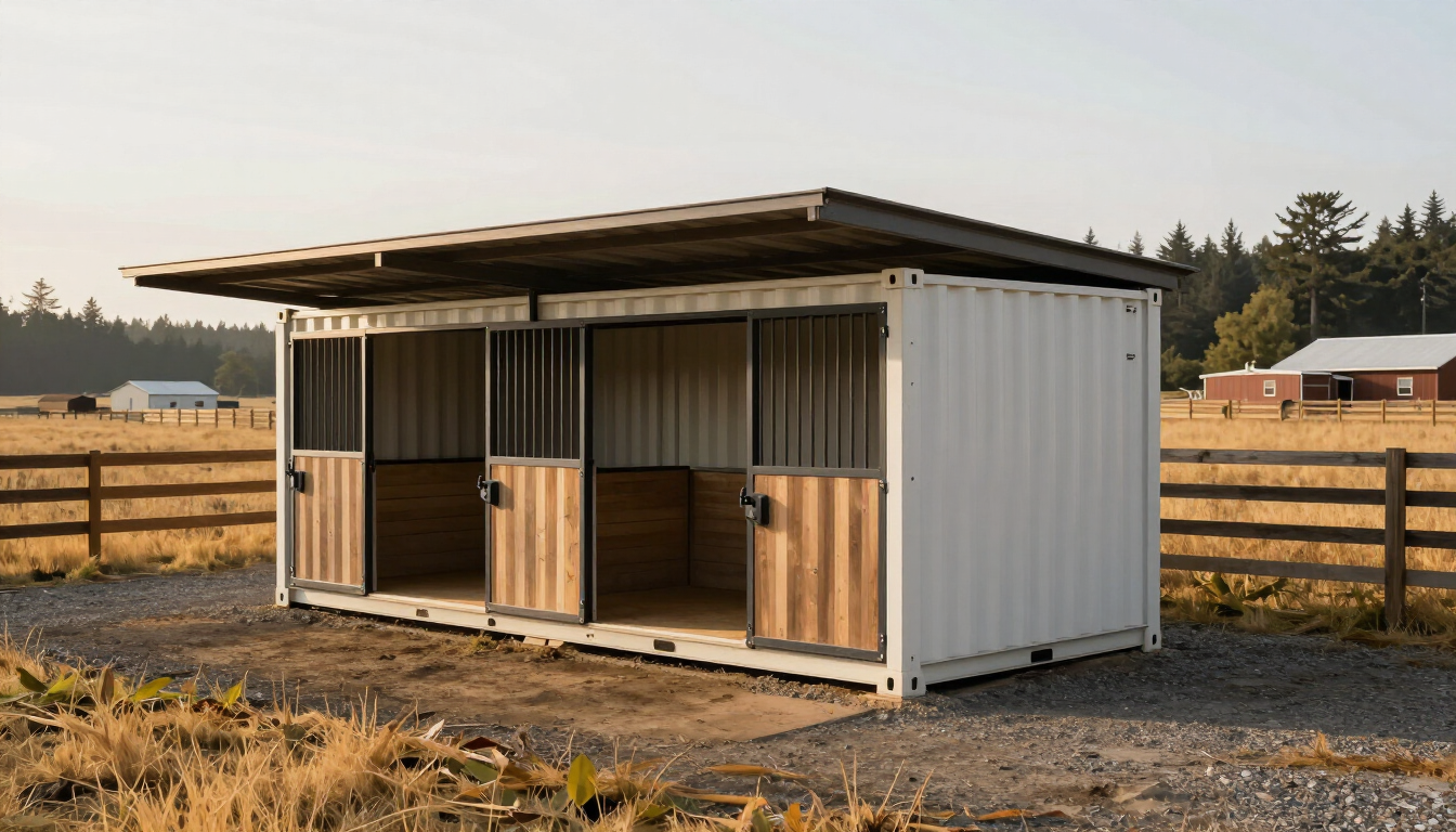 Saddle & Steel Lean-To Run — empty full 20-foot container with covered lean-to overhang and stalls, situated on farm property, 7 foot 8 inch depth