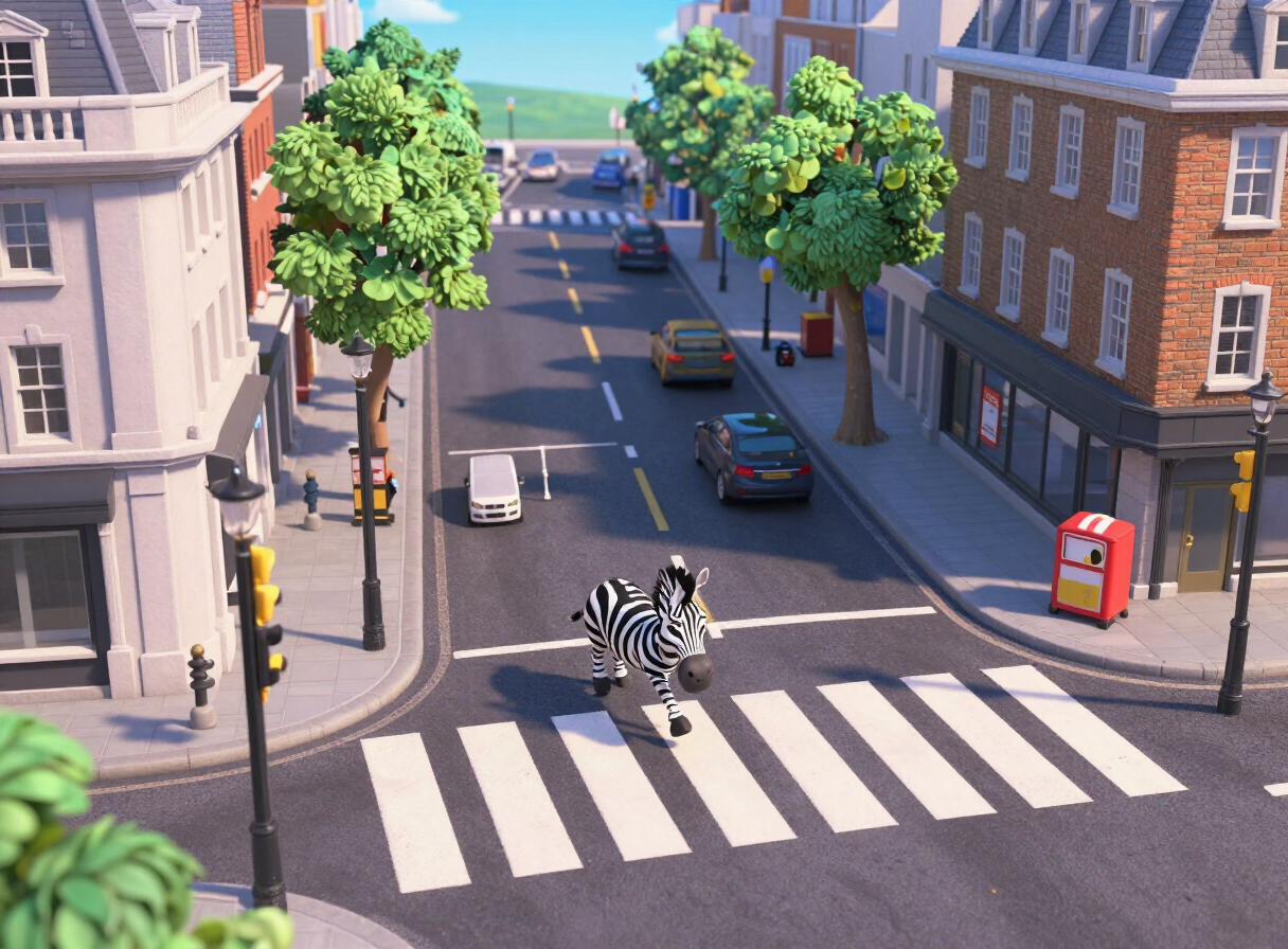 Cartoon miniature view of the Abbey Road zebra crossing and studio