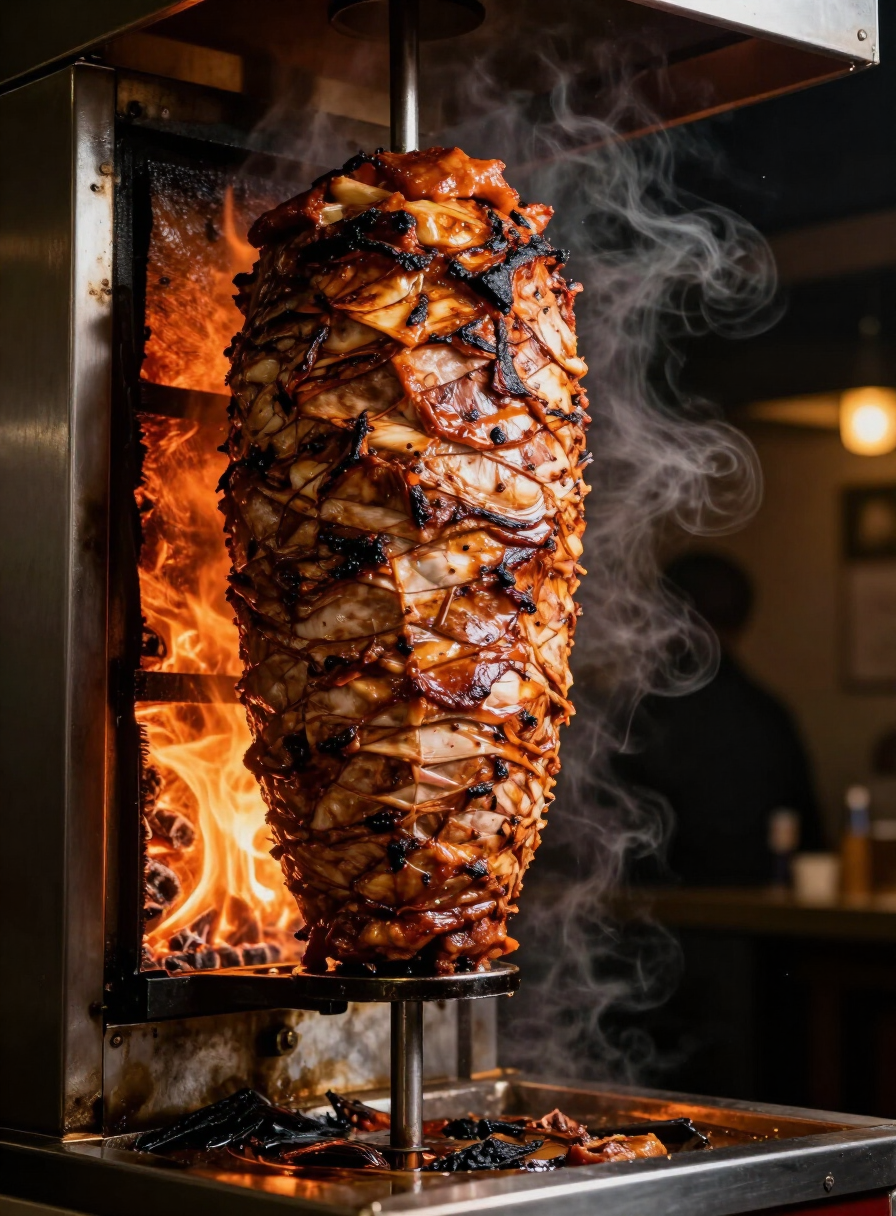 Kebab al carbón girando en el asador de Zavi