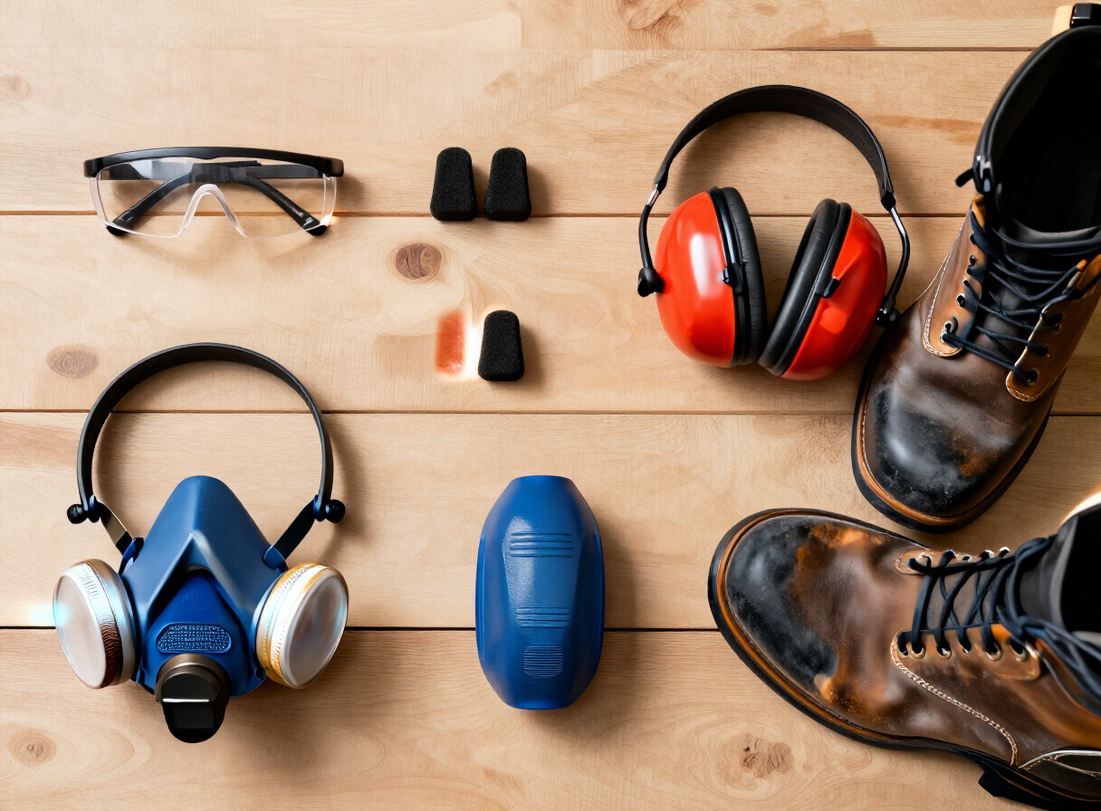 Flat lay of essential woodworking safety equipment arranged on a wooden workbench: safety glasses, foam earplugs, earmuffs, a half-face respirator, and sturdy closed-toe work boots