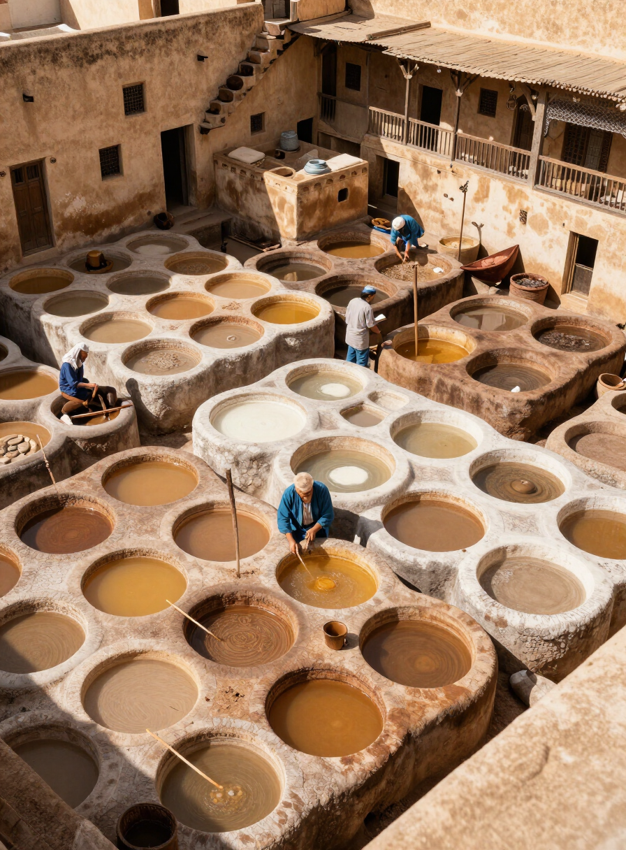 The circular stone dye vats of the Chouara tanneries in Fès seen from above