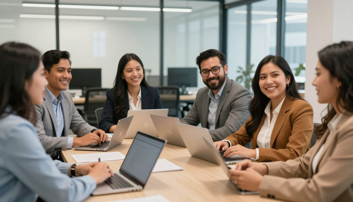 Equipo de trabajadores latinos en una reunión de bienestar laboral en la oficina