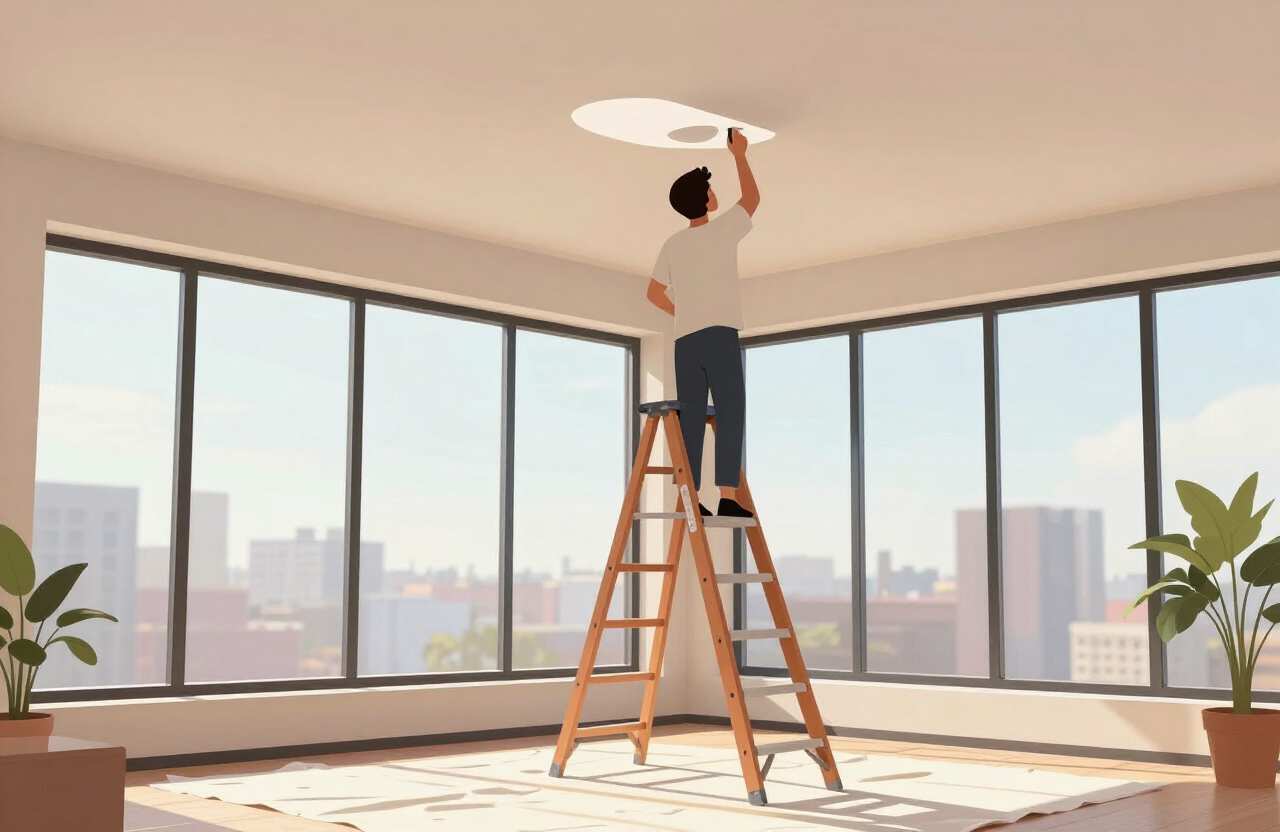 Illustrative painter on a step ladder painting a tall ceiling in a Fort Lee NJ penthouse condo