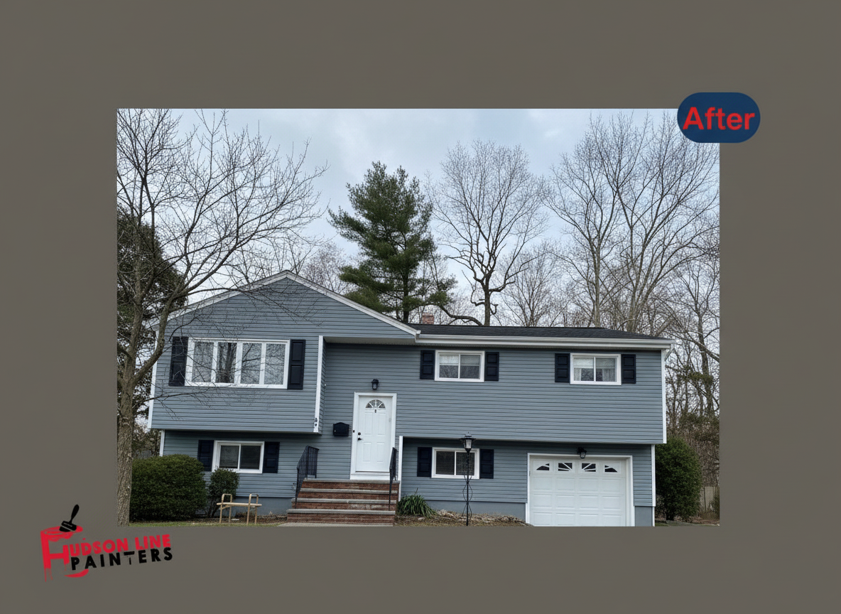 Fort Lee split-level home after exterior painting - blue-gray siding with white trim