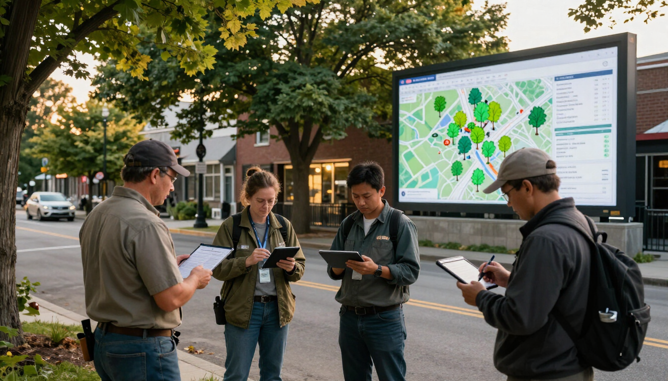 Aerial drone view of urban tree canopy and city streets for GIS mapping and spatial analysis
