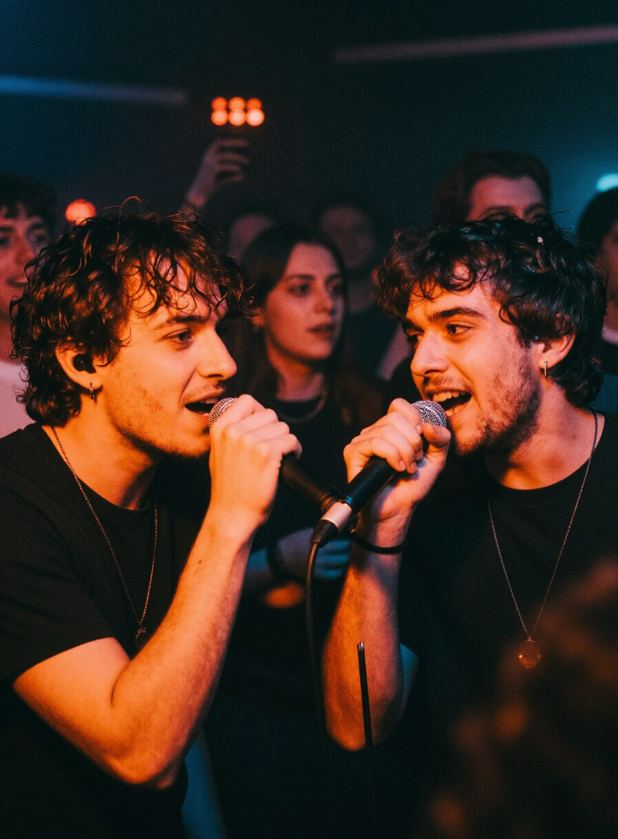 Two musicians sharing a microphone beneath saturated orange and blue lights