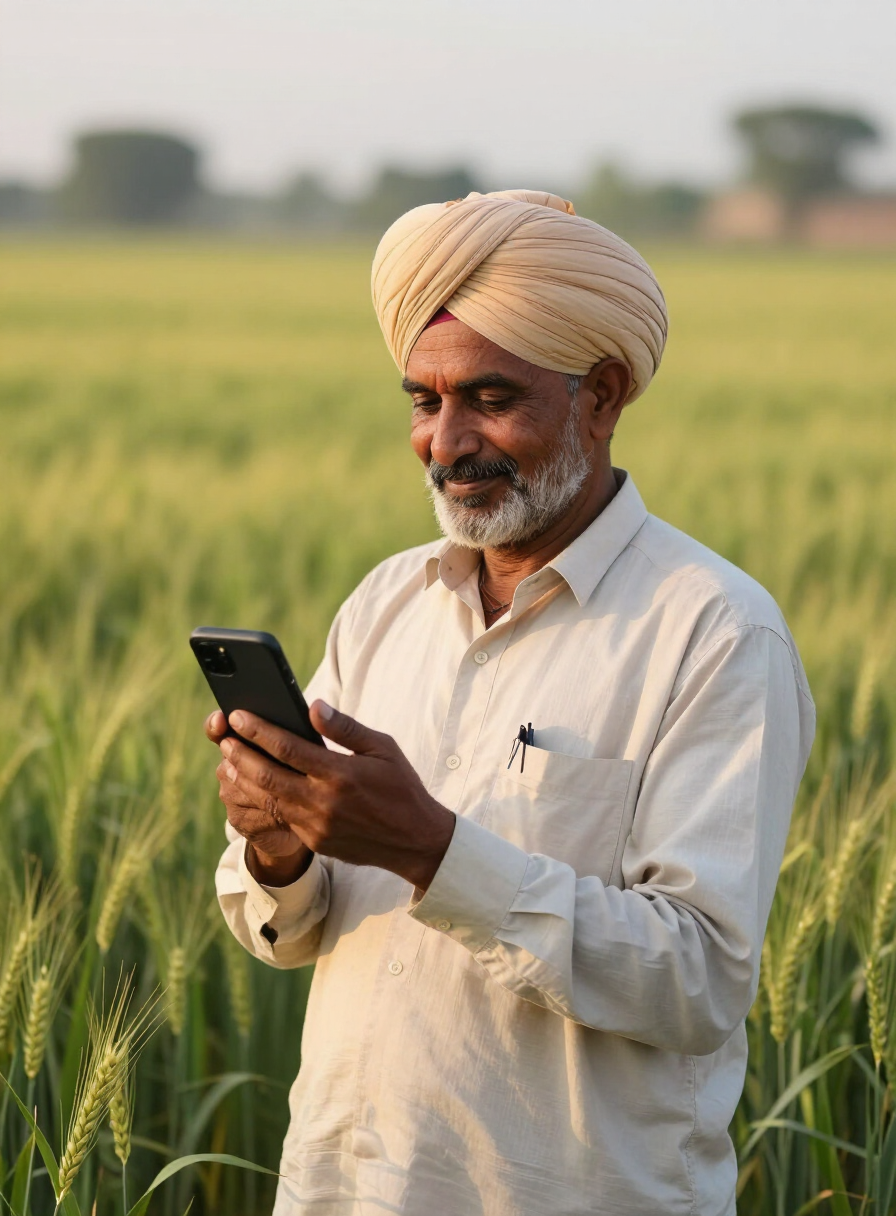 An Indian farmer in a green wheat field checking his AI farm assistant on a smartphone