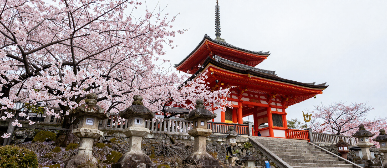 Temple japonais et cerisiers en fleurs