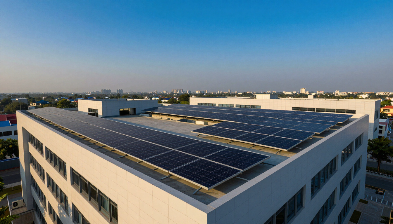 Rooftop solar panel array on a modern commercial building at golden hour