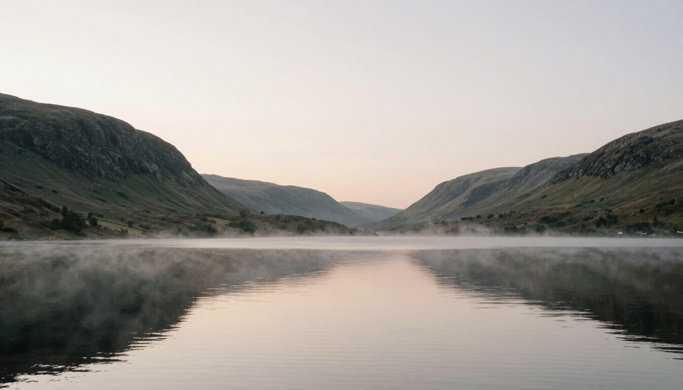 Mist drifting over a still mountain lake at dawn