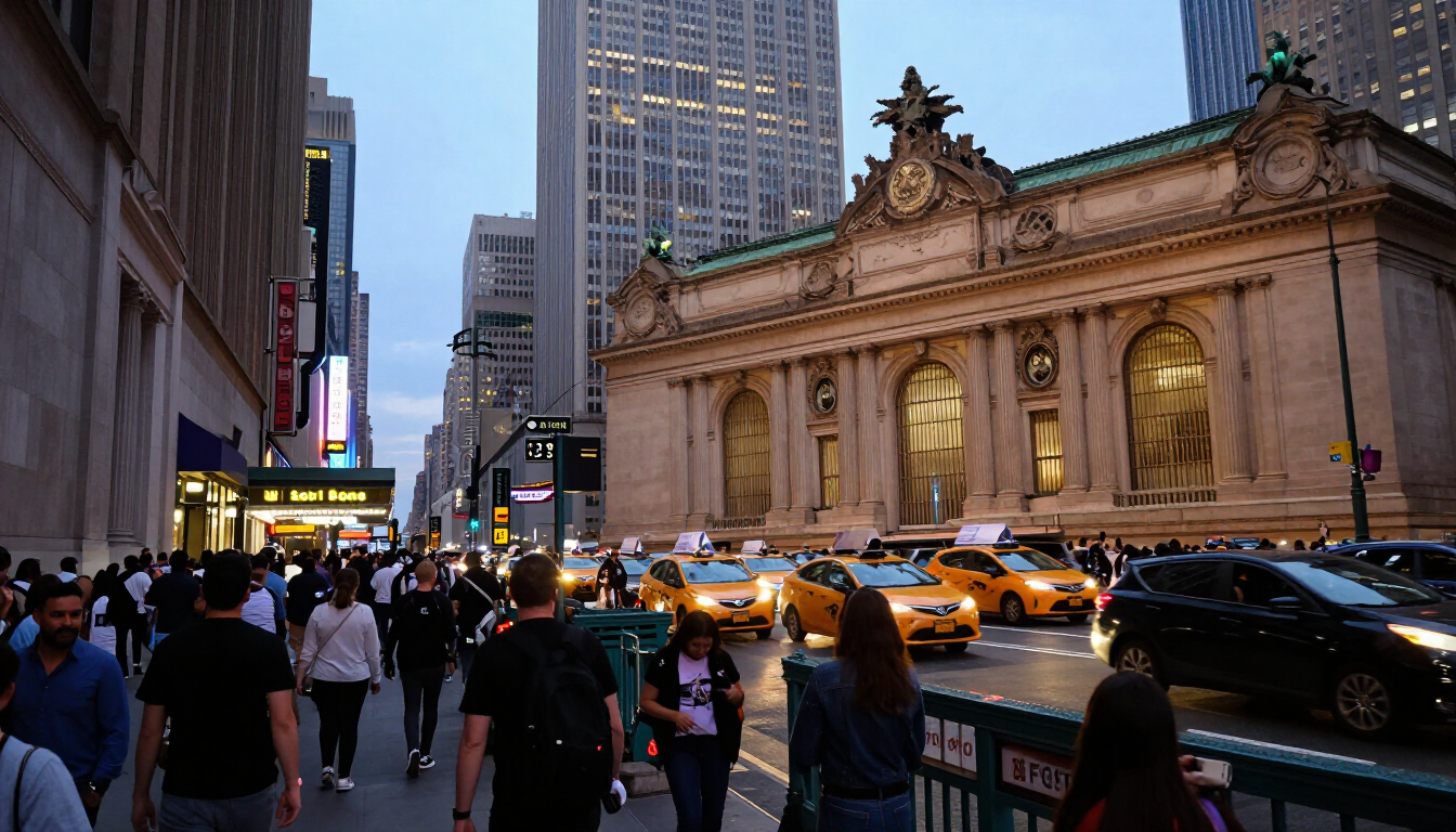 Crowds leaving Madison Square Garden at night with taxis, rideshare cars, and subway entrances in Midtown Manhattan