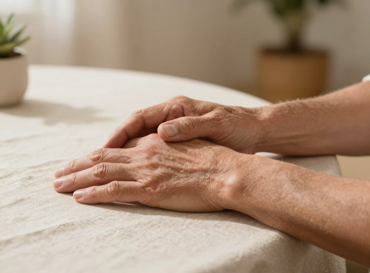 Hands resting on a table in warm light