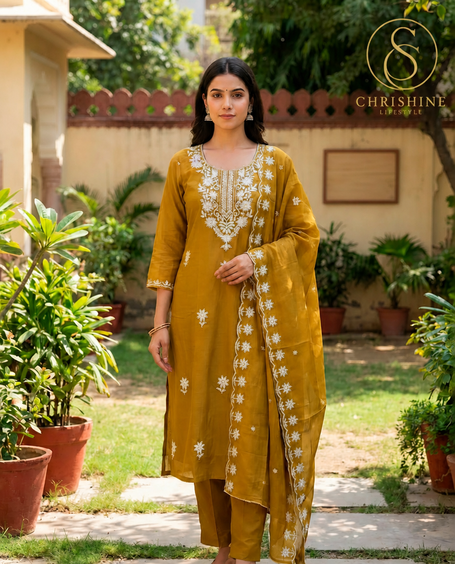 Mustard Embroidered Churidar Set with Dupatta