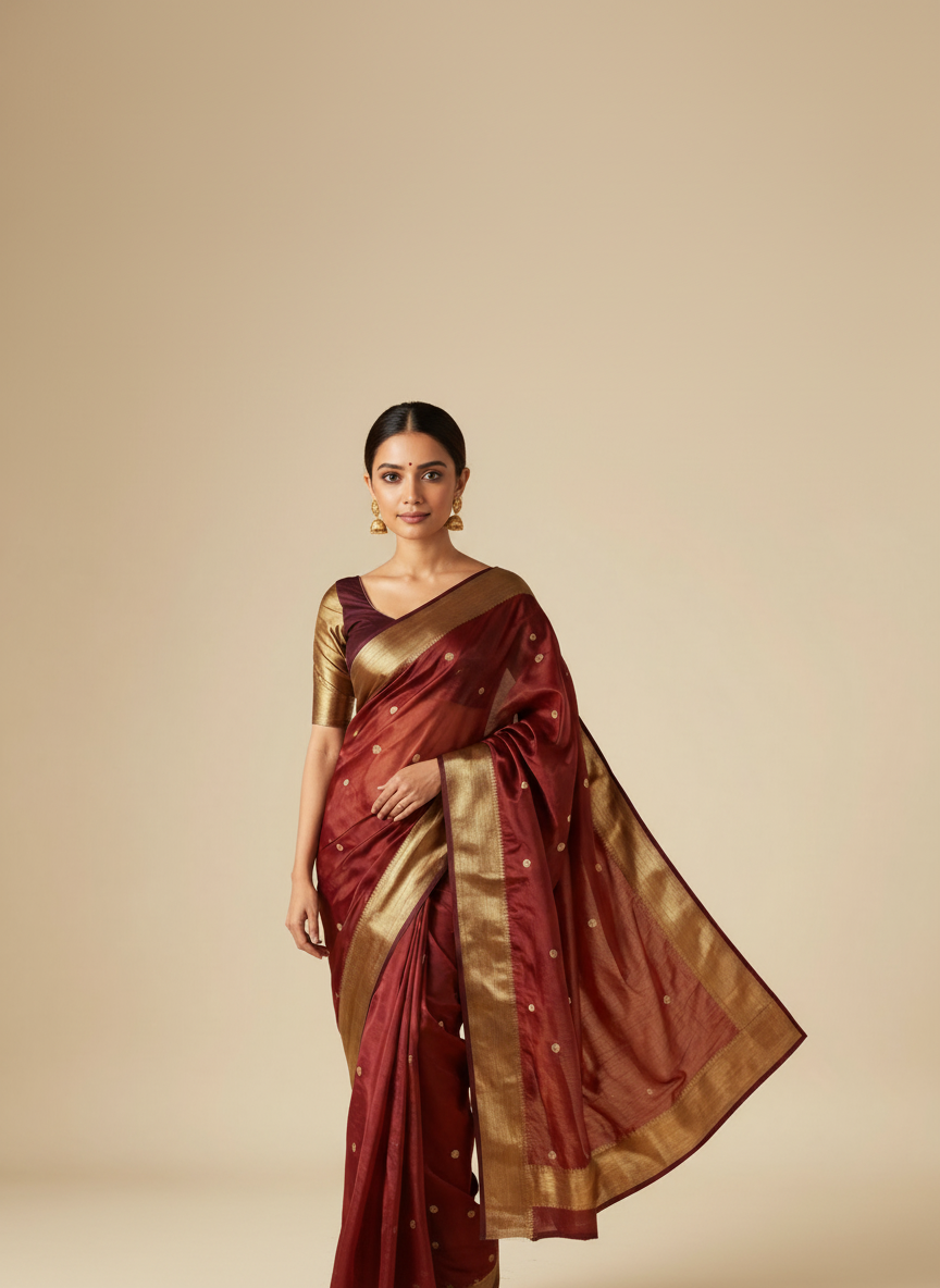 Model wearing a burgundy silk saree with gold border