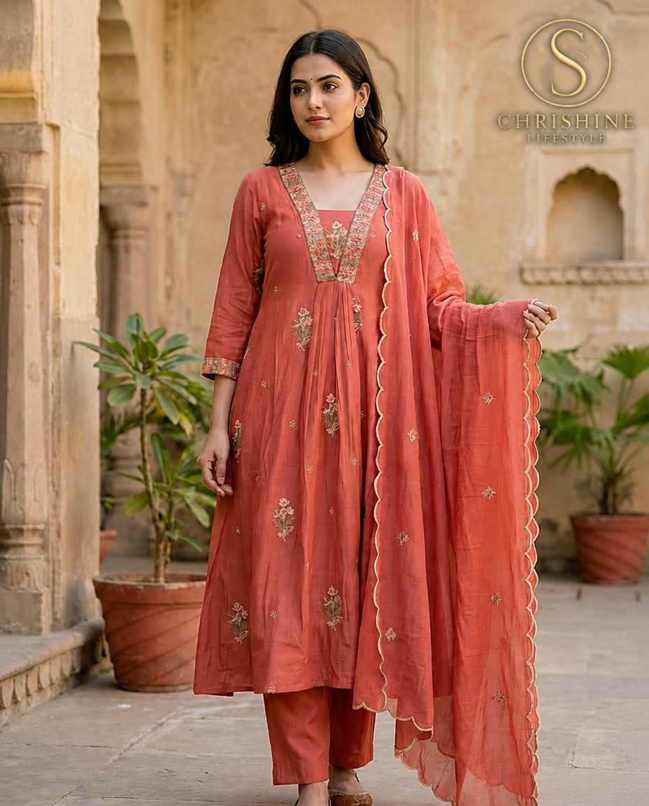 Rust Anarkali Churidar Set with Dupatta