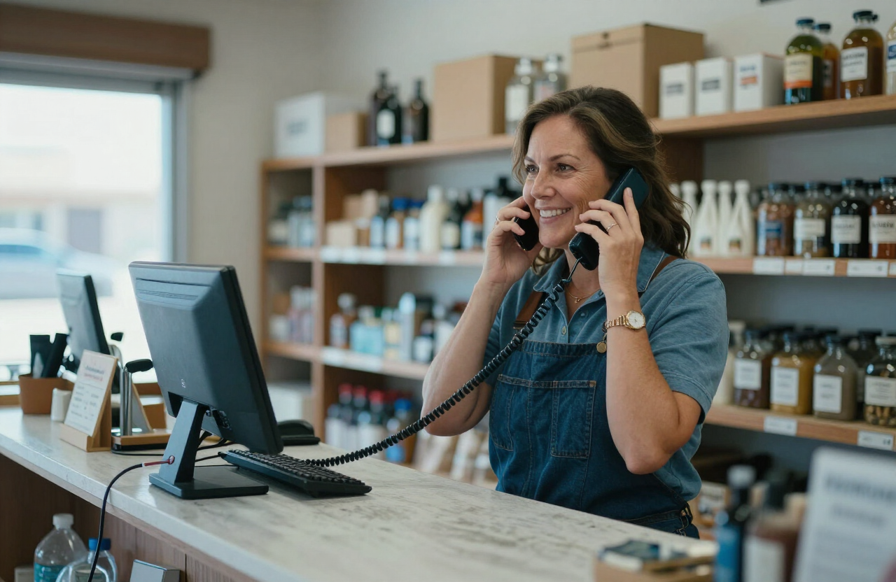 A small business owner taking a customer call at her family-run store