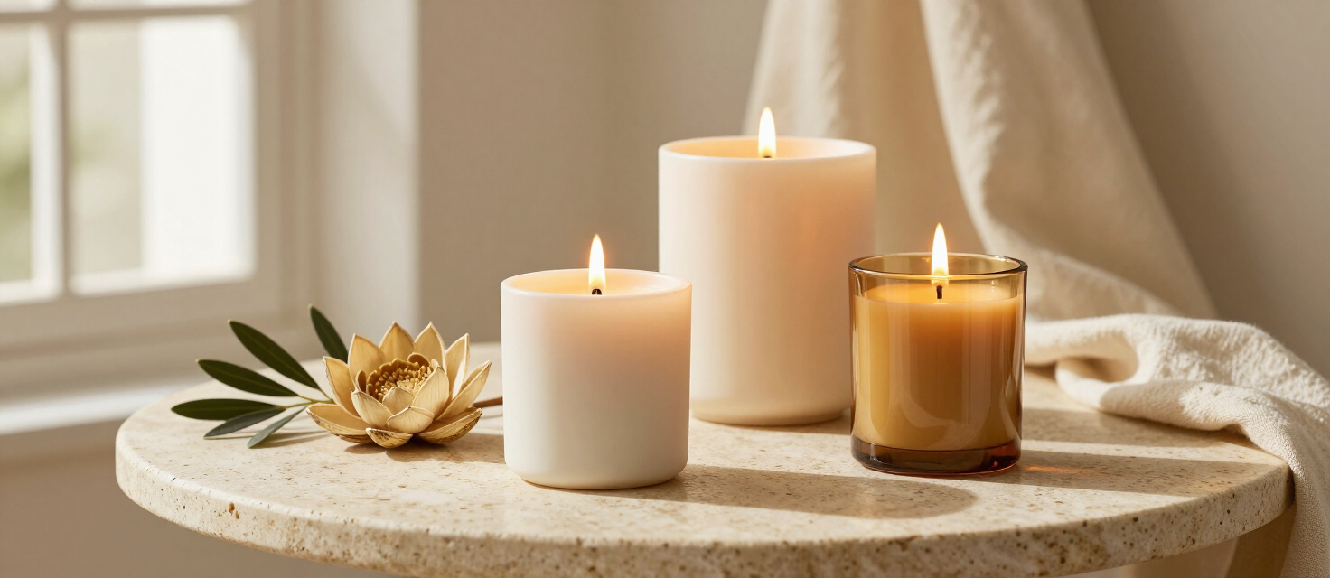 Velas artesanais acesas em um ateliê, com flor de lótus e ramo de oliveira