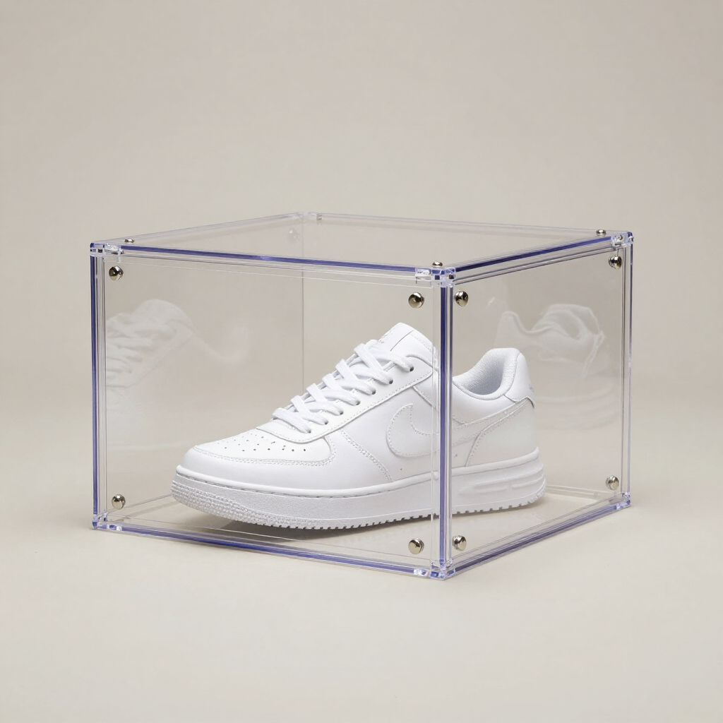 Clear acrylic sneaker display box with drop-front door and white sneaker inside