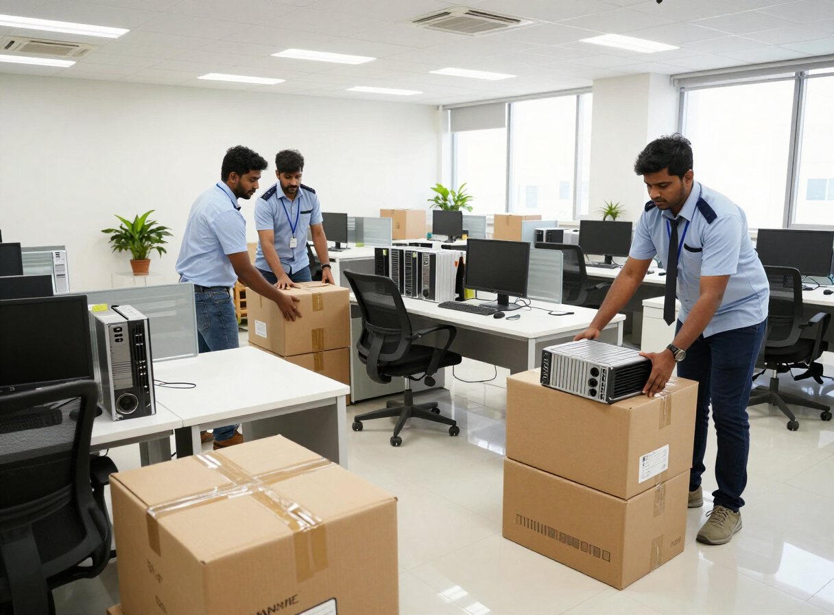 Office furniture and workstations being prepared for relocation
