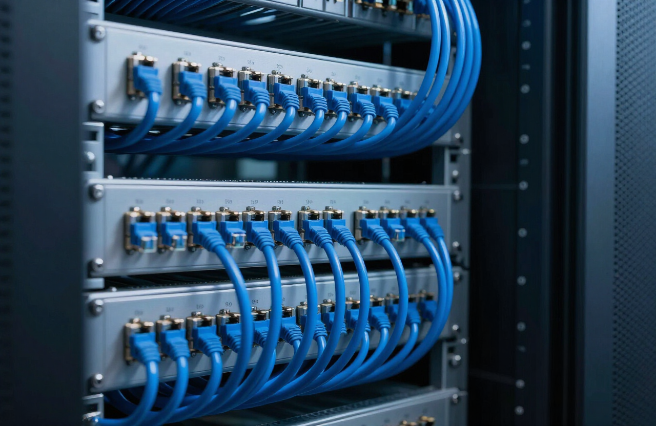 Neatly managed network cabling rack with blue ethernet cables in a server room