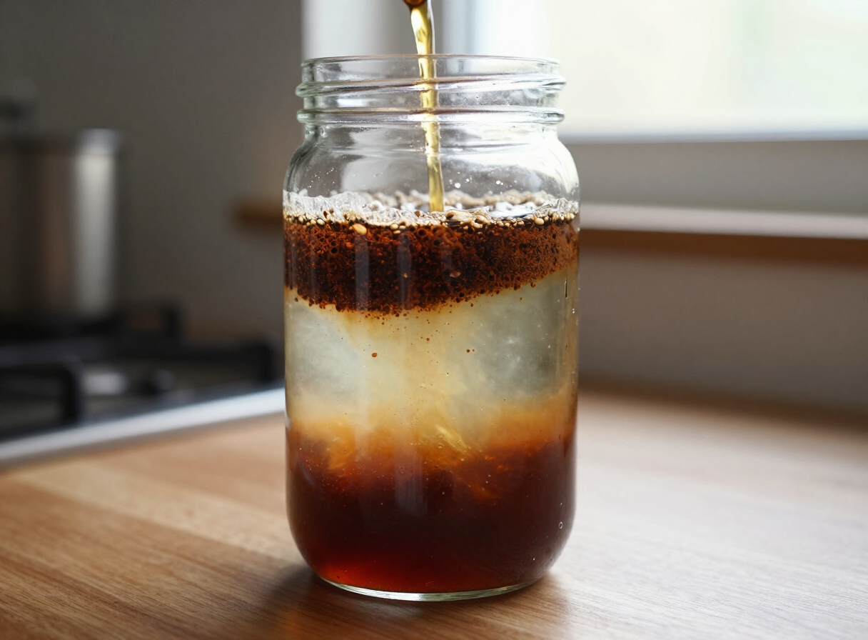 Cold brew coffee steeping in a large glass jar on a kitchen bench