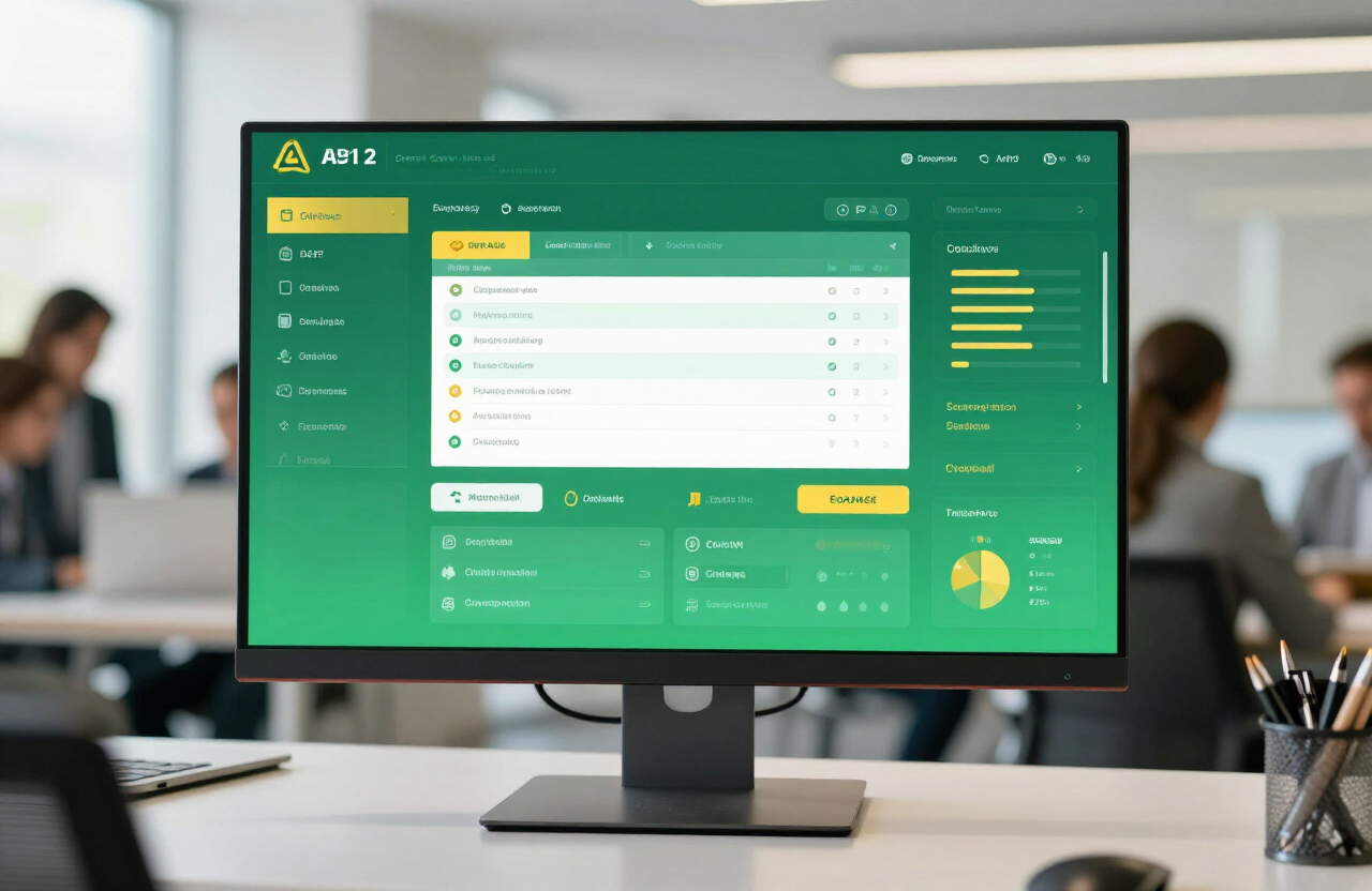 Enterprise portal dashboard with workflow approvals and analytics in a bright office