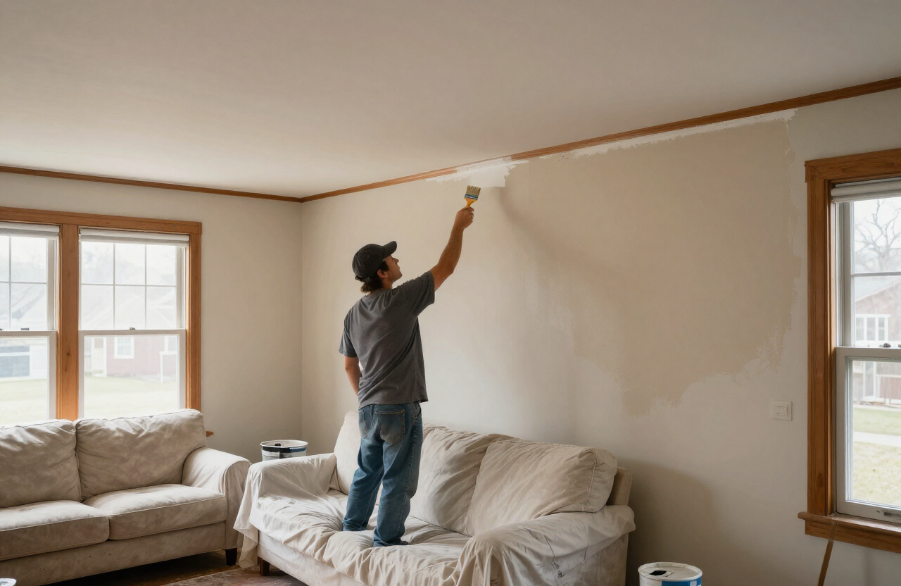Illustrative interior painting scene in a modest Moonachie NJ single-family home with a painter cutting in fresh neutral paint along the ceiling line